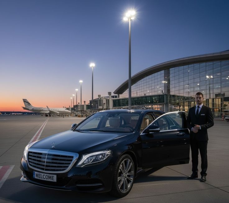 Professional chauffeur standing next to a luxury black car for premium Tampa airport car service at sunset.