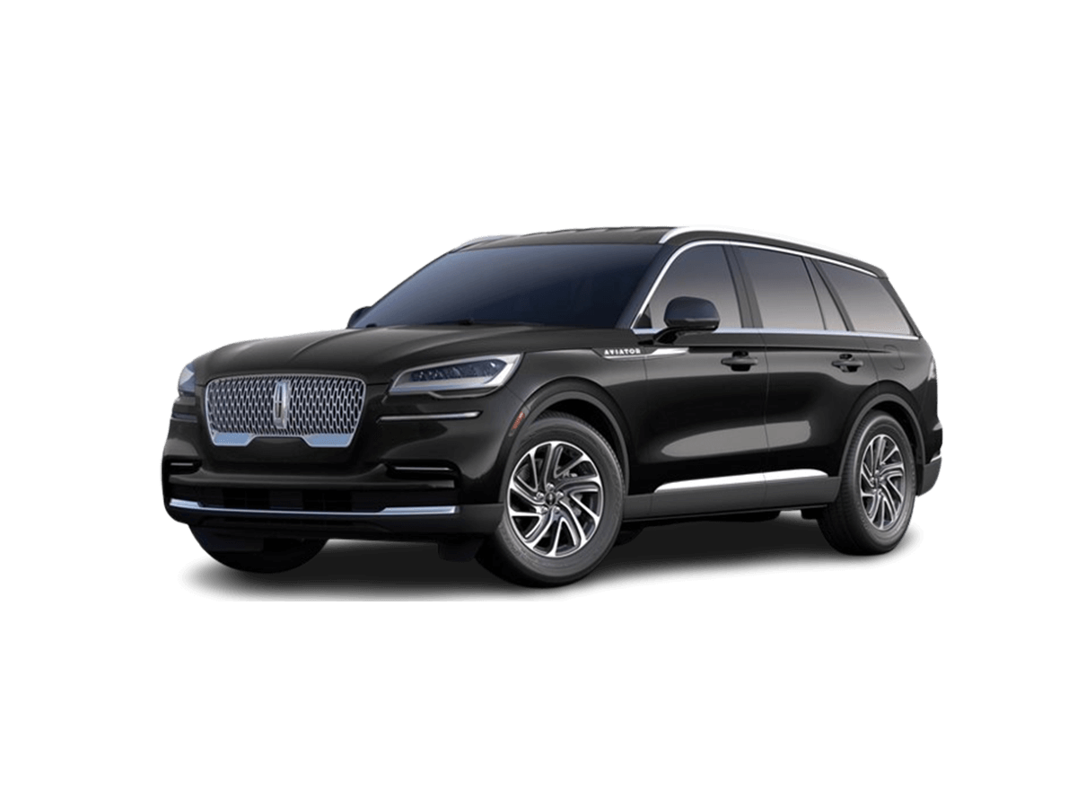 A luxury black Lincoln Aviator sedan with pristine chrome details and deep tinted windows, parked elegantly in a professional business district.