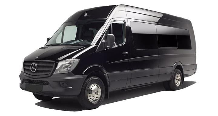 Black Mercedes Benz Sprinter chauffeur van parked on a street for luxury group transportation services.
